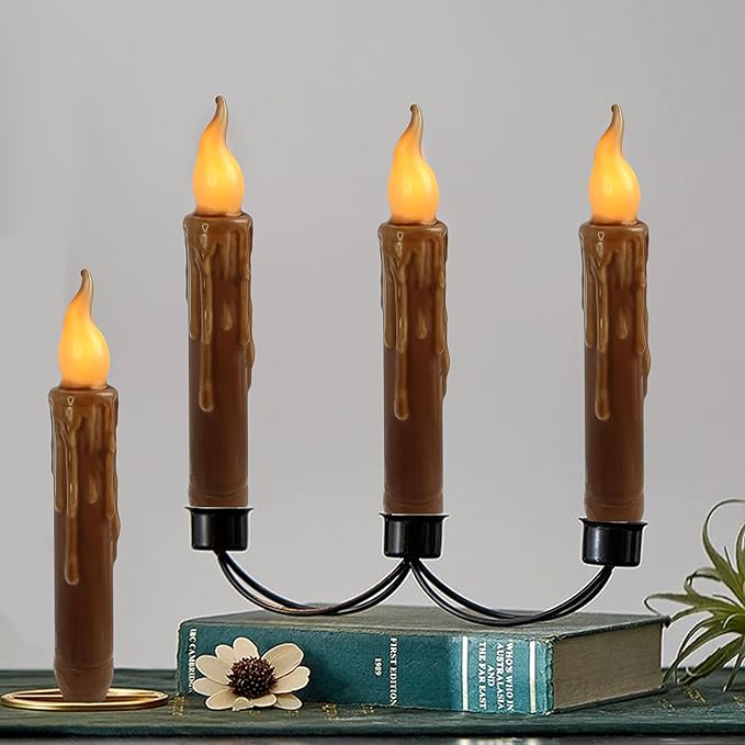 Brown Flameless Short Taper Candles, Real Wax Hand Dipped LED Battery Operated with Remote, Flickering Flame Lights for Festival Party Home Décor, 6.7 Inch Primitive Flameless Candles, 4PCS