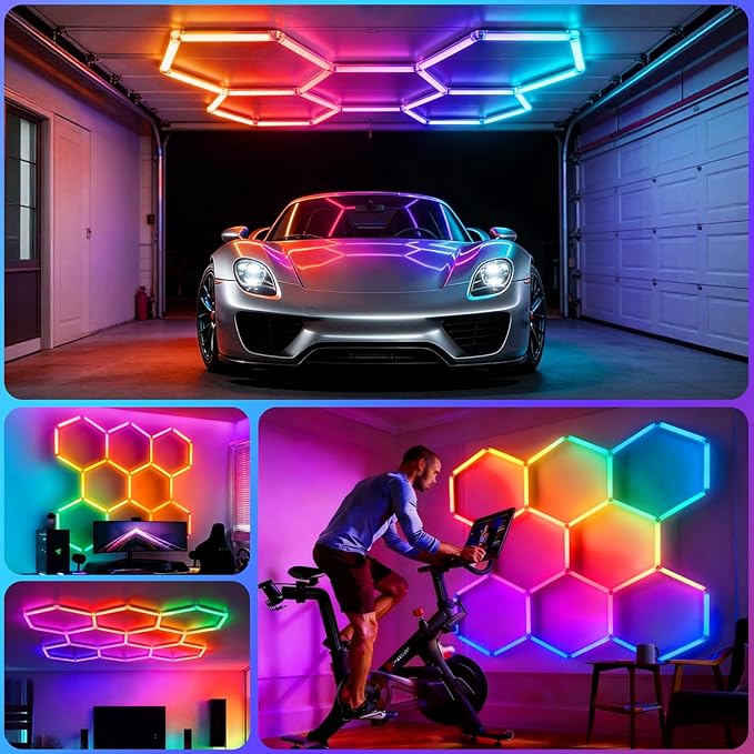 HYPERLITE Hexagon Garage Lights: 8 Grid Hexagon LED Lights with Music Sync Mode, App & Remote Control, Multi-Color Honeycomb Light for Gaming Room, Gym, Garage