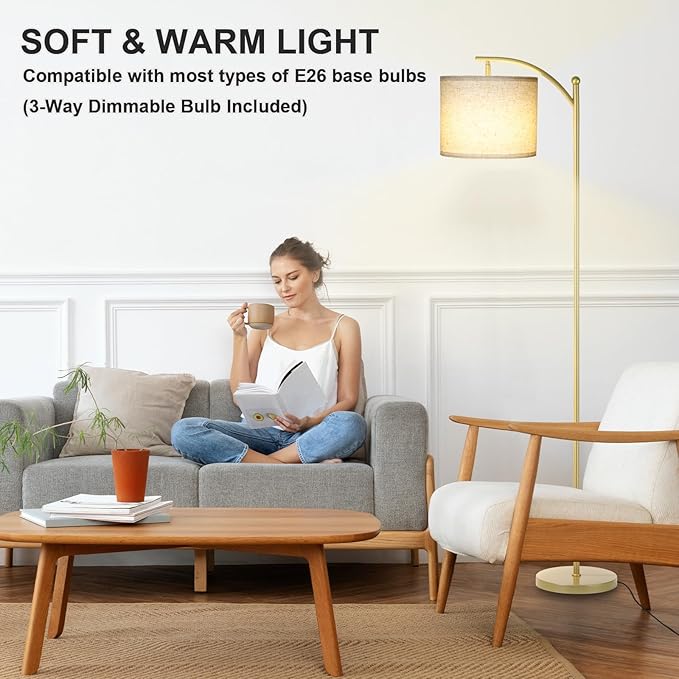 Floor Lamp for Living Room, Dimmable Floor Lamp with Foot-Step Switch Standing Lamp with Linen Shade Reading Lamp for Living Room Bedroom Office Dining Room, 9W Bulb Included (Gold)