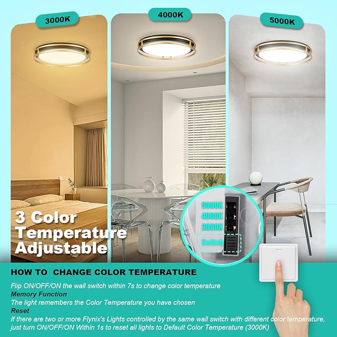 13 Inch LED Flush Mount Ceiling Light Fixture, 26W, Super Bright 1700 Lumens, 3 Color 3000K/4000K/5000K, Dimmable Ceiling Lamp for Bedroom Hallway Bathroom Kitchen Laundry (Black Gold)