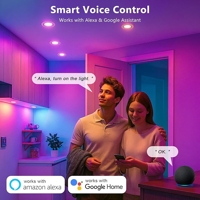 2 inch Smart LED Recessed Lighting, 5W WIFI Recessed LED Lights, Dimmable RGB & CCT 2700-6500K Color Changing, 110V Recessed Light Compatible with Alexa and Google Home, with LED Driver,1 Pack