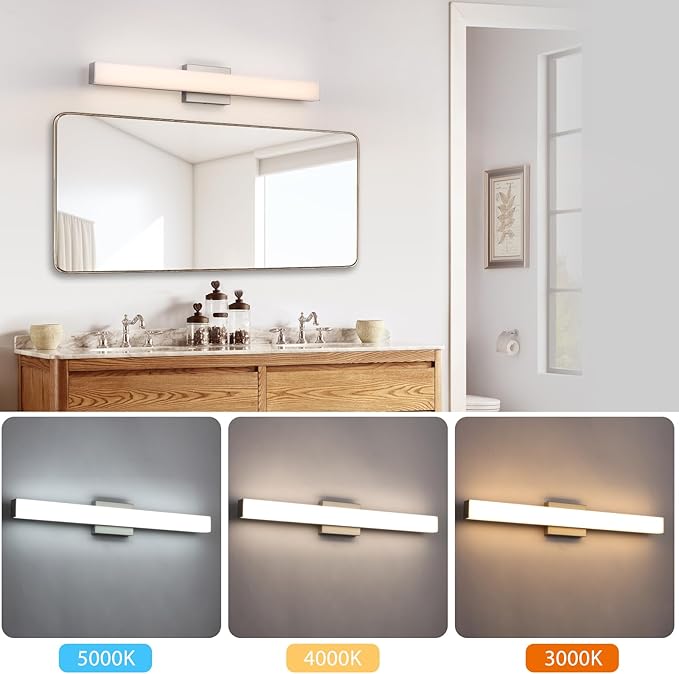 Brushed Nickel LED Vanity Light, 31.5-Inch 24W Bathroom Fixture Over Mirror, 3 Color Temp Adjustable Anti-Fog Lighting for Dressing Table