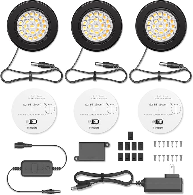 GETINLIGHT 2.5" Wide 3000K Dimmable LED Puck Lights Kit, Plug-in Installation with Recessed or Surface Mounted, Black Finish Over Metal Construction, Set of 3, IN-0113-3-BK