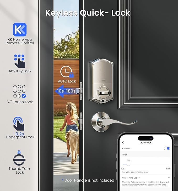 Veise VE017G Wi-Fi Keyless Entry Door Lock, App Remote & Voice Control, Fingerprint Smart Locks for Front Door, Touchscreen Electronic Keypad Deadbolt, Auto Lock, Emergency Power Port, Satin Nickel