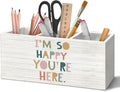 Boho Classroom Pen Holder Organizer for Desk Accessories, I'm So Happy You're Here Wooden Box Desk Decorations for Kids Room Bedroom School Decor, Boho Classroom Decor