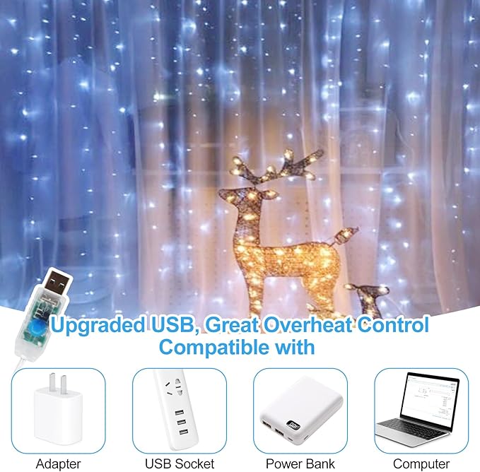 300 LED Fairy Curtain Lights, 9.8 x 9.8FT Cold White USB Plug in 8 Modes String Hanging Lights with Remote for Christmas, Bedroom, Indoor, Outdoor, Weddings, Party (Cold White)