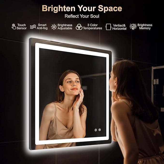 Delma LED Bathroom Mirror with Lights, 30x30 Vanity Mirror for Bathroom Wall, Anti-Fog, Dimmable, Front Lit & Backlit, Memory Function, Shatterproof Tempered Glass, 3 Color Modes(Horizontal/Vertical)