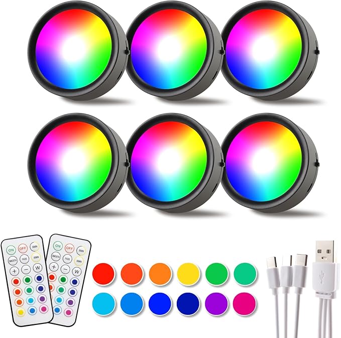 DAMI Under Cabinet Lighting with Remote Control, Rechargeable Battery Operated Wireless Shelf Lights, Locker Lights Magnetic Stick on Tap, Color Changing Puck Lights for Kitchen, 6 Pack, Black