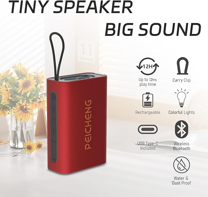 PEICHENG Speaker, Portable Wireless Bluetooth Speakers, Waterproof Loud Stereo Sound with RGB Lights TWS Long Playtime for Home/Party/Outdoor, Electronic Gadgets(1PCS, Red)