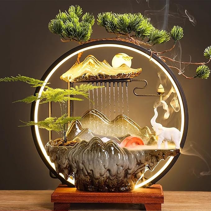 LED Halo Reflux I, Ceramic Zen Ornament with Rain Curtain Flowing Water Waterfall I Sitting, Suitable for Home Office Yoga Meditation Use