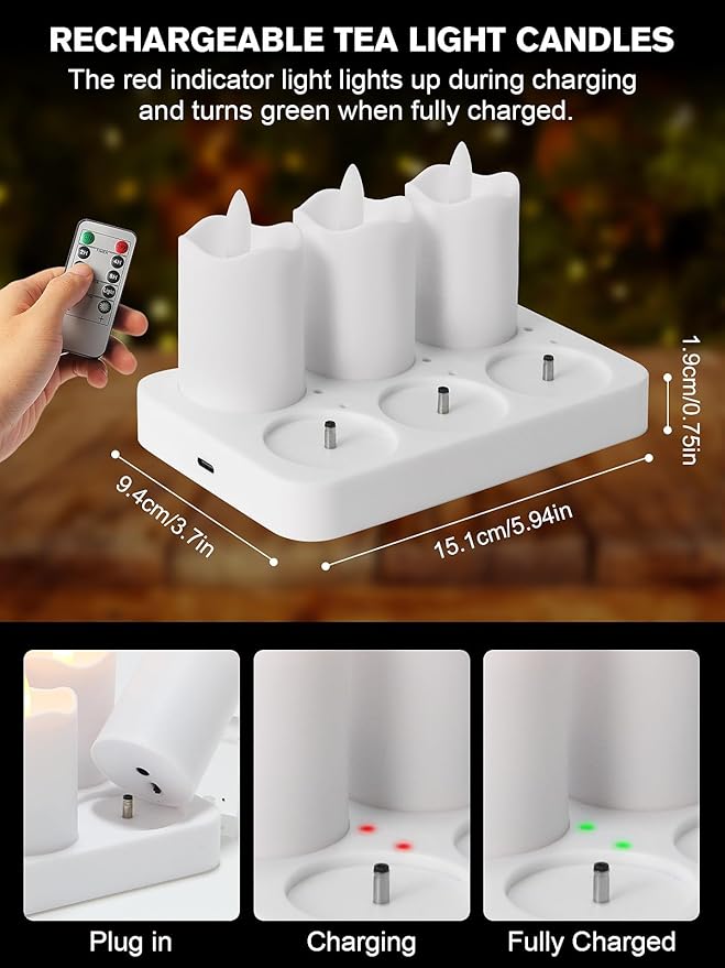 Rechargeable Flameless Tea Lights Candles with Remote Timer, 1.5" x 2.6" LED Candles with USB Charging Base, Small Votive Candle Electric Fake Candle for Wedding Table Decor Dining (6 Pack)