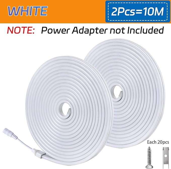 32.8FT/2PCS/10M/White Neon Light Strip - Flexible and Waterproof LED Rope Light with Installation Accessories for Indoor & Outdoor Decoration【Adapter Not Included】 OWO