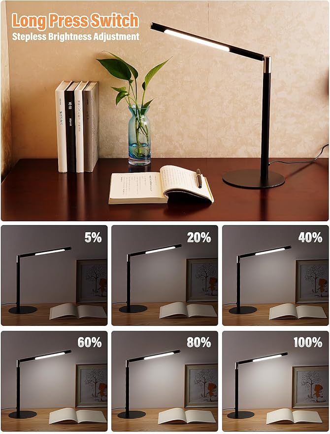 LED Desk Lamp, Home Office Eye Lamp, 3 Modes, Infinitely Adjustable Brightness, Metal, Multi-Angle Adjustment, Detachable Desk Lamp with USB (Black)