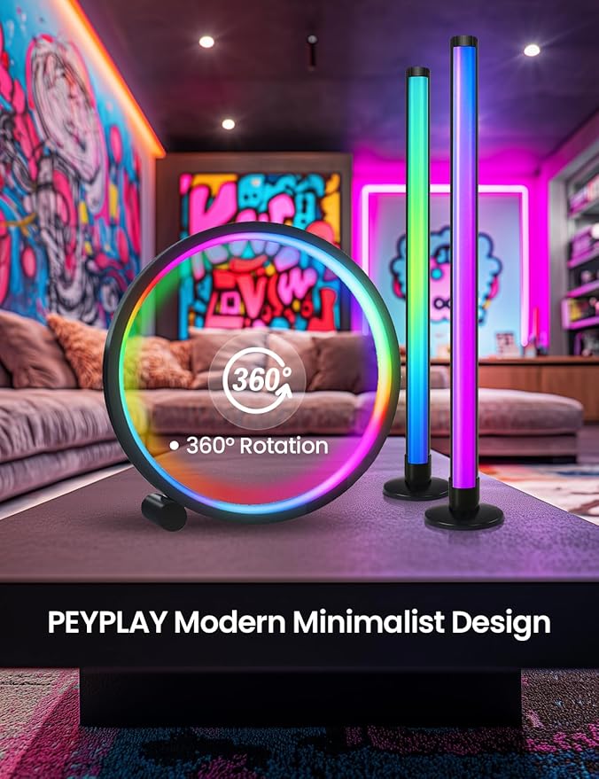 Smart LED Table Lamp + Light Bars Kit, RGB+IC Ambient Lighting with Music Sync, DIY Mode, Stepless Dimming, App & Voice Control (2.4GHz WiFi), Works with Alexa & Google, for Bedroom, Gaming