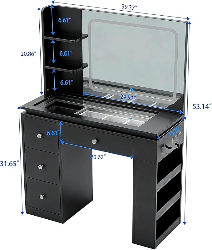 Black Vanity Desk with Illuminated Mirror & Power Outlet, Bedroom Dresser LED Mirror Stepless Dimmable & 3 Color Modes Adjustable RGB Drawers, for Women Girls Bedroom（Pure Black