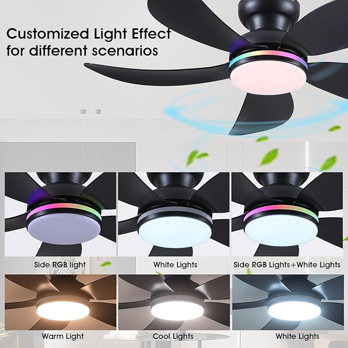 PHORUS 42" Black RGB Ceiling Fans with Lights and Remote/APP,Low Profile Ceiling Fans with Quiet Reversible DC Motor,Small Modern Flush Mount Ceiling Fan Light for Bedroom Kids Room