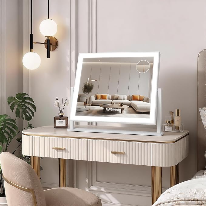 Vanity Mirror with Lights 16.7"x14", LED Makeup Mirror, 3 Color Lighting Modes, 10X Magnification, Smart Touch Control, Dimmable, Aluminum Metal Frame, Lighted Up for Vanity Desk (White)
