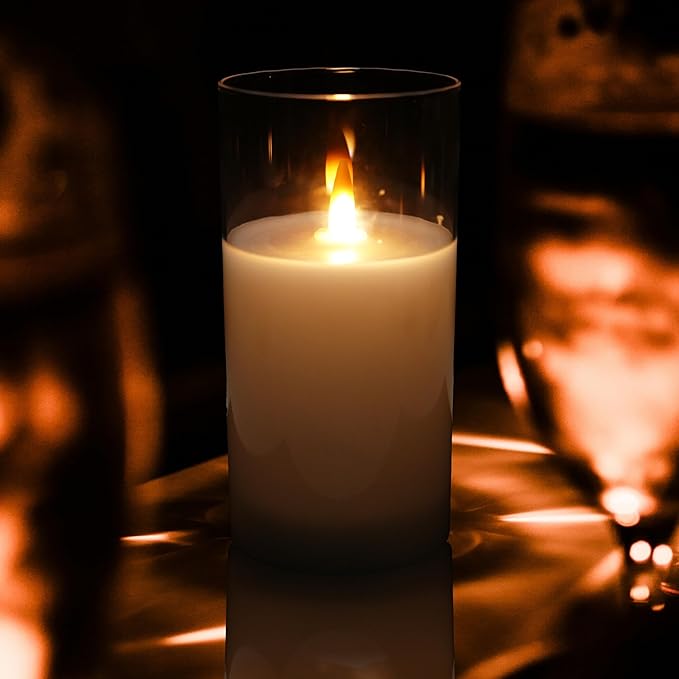 NICEME Clear Glass Flameless Candles Battery Operated with Remote Timer, Real Wax LED Pillar Candles with Flickering Flame Pure White Radiance Evanescing Fake Candles for Wedding Home Decor, Set of 3