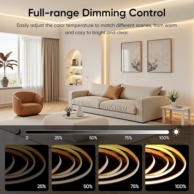 V4light Smart COB LED Strip Lights 32.8ft 24V, Tunable White 2700K–6500K Dot-Free Lighting, Alexa & Google Voice Control, App & Remote, CRI90+ Under Cabinet Lighting for Kitchen & Closet
