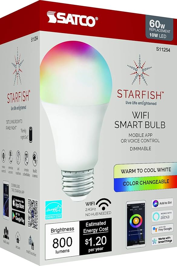 Satco S11254 Starfish 10-Watt A19 WiFi Smart LED Color-Changing Light Bulb, Works with Siri, Alexa, Google Assistant, SmartThings, 2700K-5000K, 800 Lumens