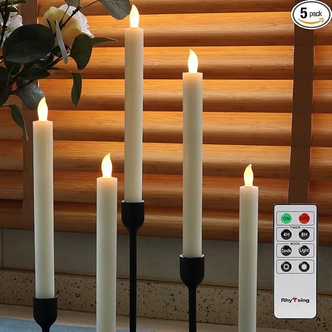 Rhytsing 10" Ivory Flameless Taper Candles with Timer, Battery Operated Dinner Candlesticks, Push-Activated, Textured Wax Finish, Warm White Light, Remote & 10 Batteries Included - Set of 5