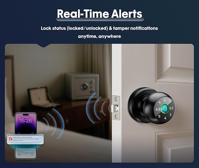 【WiFi-Triggered】 5-in-1 WiFi Smart Fingerprint Door Knob Lock with Keypad - Lock-Side Programming, Local Data Storage, Doorbell-Triggered Remote Unlock, Real-Time Alerts - Ideal for Bedrooms, Offices