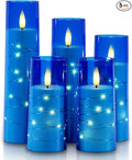 Raycare Flameless Candle with Remote Timer – 5 Flickering Acrylic Battery Operated LED Pillar Candles with Embedded Star String for Christmas, Home Decor, and as a Gift(Blue)