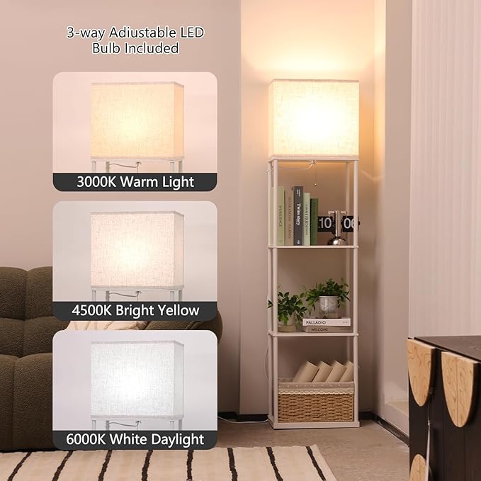 Floor Lamp with Shelves, Large Size Rectangle Standing Lamp with 3 Color Temperature Bulb, Corner Display Bookshelf Lamp for Living Room, Bedroom and Office（White-9W）