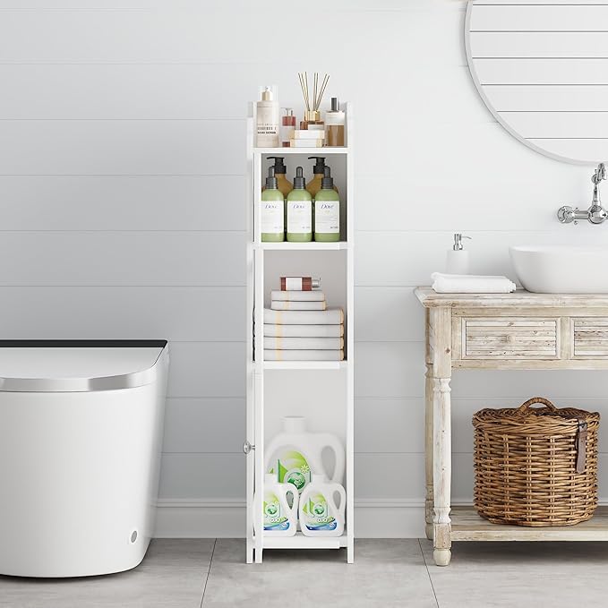 VECELO Bathroom Cabinet, Small Storage Cabinet with Toilet Paper Scroll,Corner Cabinet with Farmhouse Style Door for Bathroom Narrow Corner Space,Pearl White