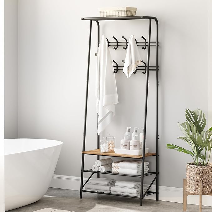 Coat Rack Hall Tree with Shoe Storage Bench, 4-in-1 Entryway Organizer, 10 Hooks & 3-Tier Shoe Rack, Freestanding Metal Frame for Hallway, Front Door