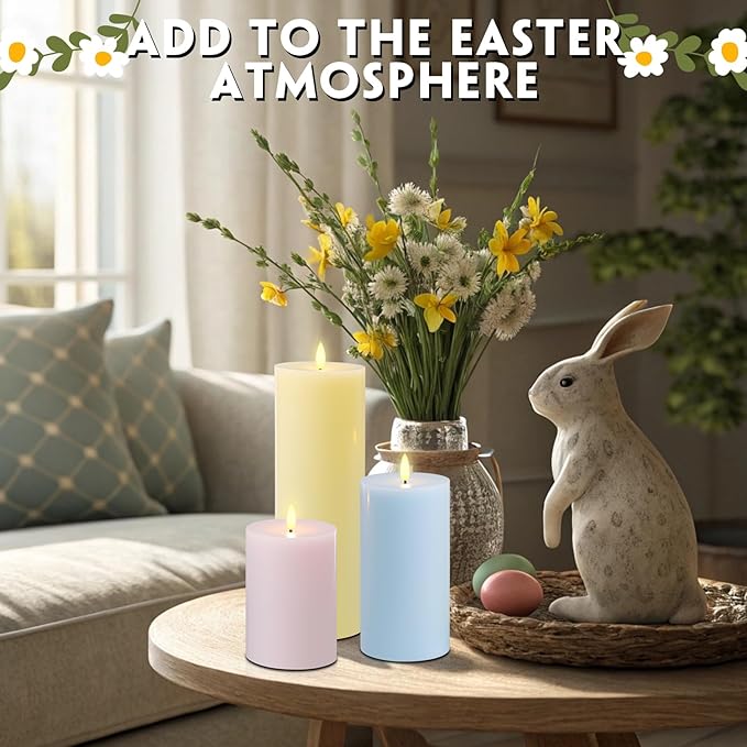 Retisee 3 Pcs Large Easter Flameless LED Candles with Remote Battery Operated Pillar Flickering Candle Light for Spring Indoor Outdoor Party Wedding Decor(6''/8''/12''x4'')