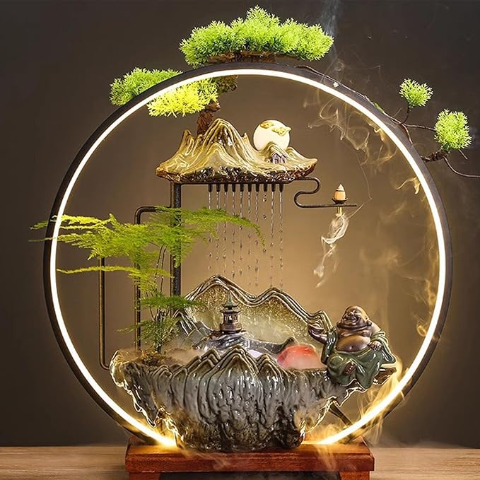 LED Halo Reflux I, Ceramic Zen Ornament with Rain Curtain Flowing Water Waterfall I Sitting, Suitable for Home Office Yoga Meditation Use