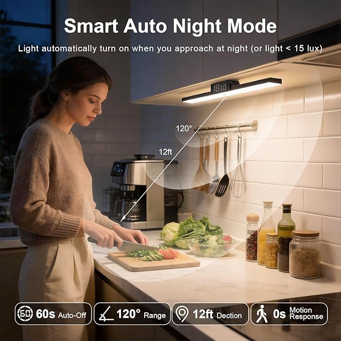 Under Cabinet Lighting with Remote & Timer, Closet Lights Motion Sensored Rechargeable 5000mAh Battery 300LM Kitchen Lighting, Under Counter Motion Lights for Kitchen 72 Magnetic Led Light Bar(Black)