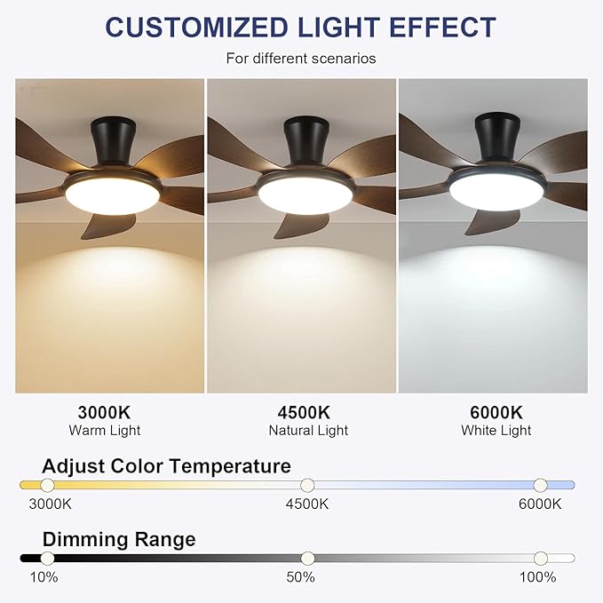 PHORUS Low Profile Ceiling Fans with Lights and Remote/APP,48 Inch Modern LED Ceiling Fans with Quiet Reversible DC Motor, Dimmable 3 Colors 6 Speeds