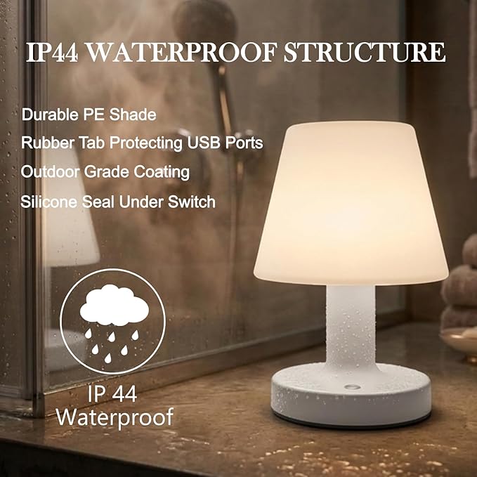 Cordless Table Lamp, Rechargeable Table Lamp, Waterproof Shower Lamp, 5200mAh Small Table Lamps, 3-Color Dimmable Touch Light, Portable Outdoor and indoor table lamp, Bedside night light (White)