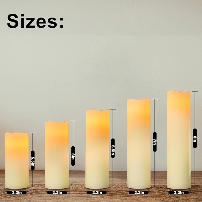 Flameless Wax Pillar Candle: Pack of 5 Battery Operated LED Candles H5 6" 7" 8" 9" D2.2 Electric Fake Flickering Candles with Timer Remote for Home Christmas Halloween Deco Gift(Modern Style)