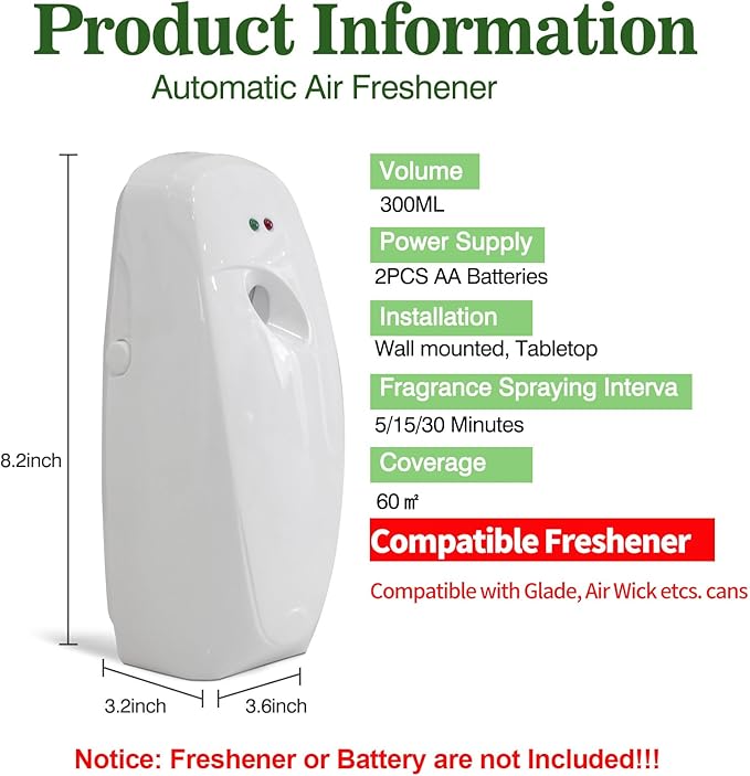 Automatic Air Freshener Dispenser 2-Pack,Histely Auto Air Freshener Spray Dispenser Wall Mounted or Free Standing Battery Powered w/Interval Spray Setting for Commercial & Home Use,No Drilling(White)