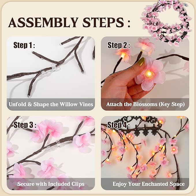 Drawelry LED Willow Vines Light, DIY Enchanted Wall Decoration Vine Flower Lights, Creative Wall Bedrooms Decor Christmas Home Gift for Family (72 Lights(5.3ft))