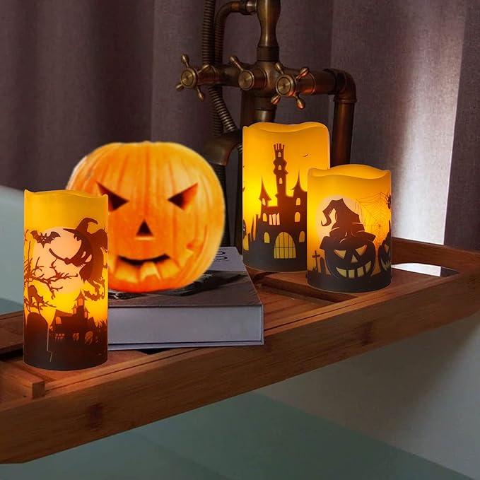 CANDLE CHOICE Halloween Flameless Candles with Remote Timer Real Wax Realistic Flickering Battery Operated LED Pillars with Decals Pumpkin Castle Bat Spider Witch for Halloween Party Decorations 3 PCS
