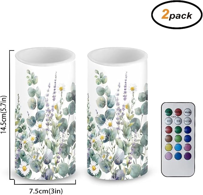 Floral Leaves Flameless Candles 2 Pack 6 x 3 inch Battery Operated Candles with Multicolor Timer Remote Control LED Fake Candles for Warm Light Dinner Table Home Decor