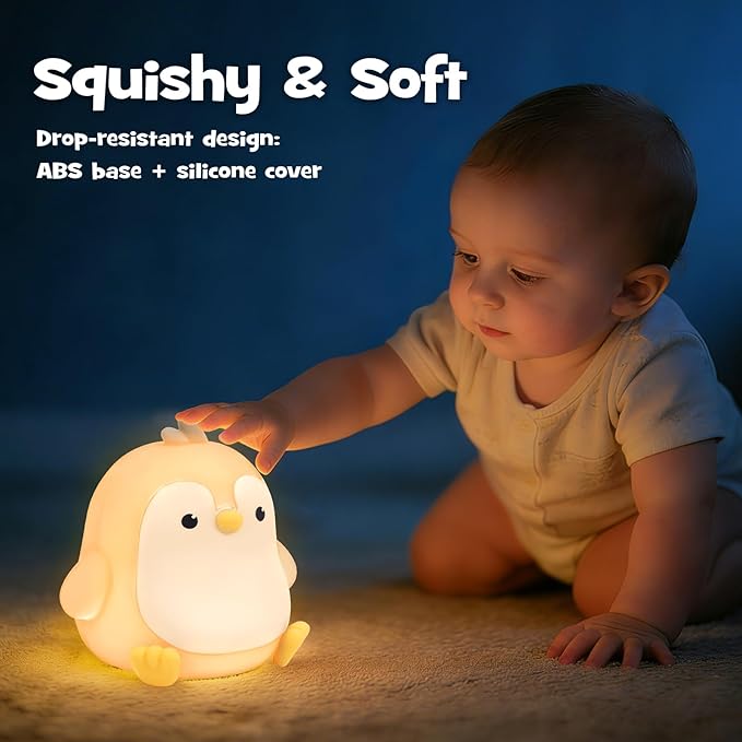 Penguin Night Light Squishy Silicone Nursery Breastfeeding Nightlight with Timer 3-Level Warm White RGB Color Modes Cute Penguin Lamp Rechargeable Touch Bedside Desk Animal Lamp for Bedroom Dorm Decor