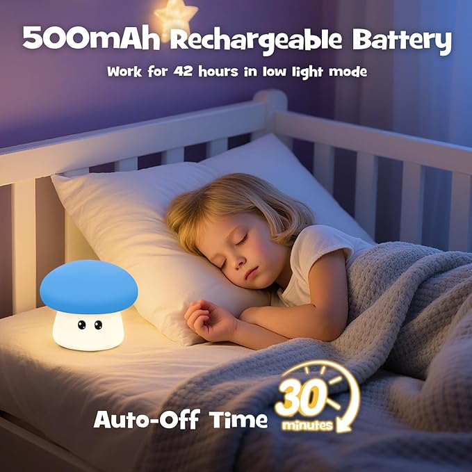 Squishy Big Eyes Mushroom Night Light with RGB Mode 3 Brightness Adjustable Nursery Breastfeeding Nightlight Cute LED Blue Mushroom Lamp Rechargeable Silicone Touch Bedside Lamp for Bedroom Dorm Decor