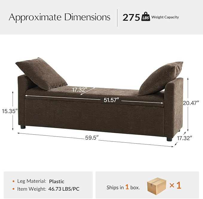 59.5" Modern Storage Ottoman Bedroom Bench, End of Bed Bench with Arms and Throw Pillows, Footrest Stool for Living Room, Dining Room, Entryway and Hallway, Taupe