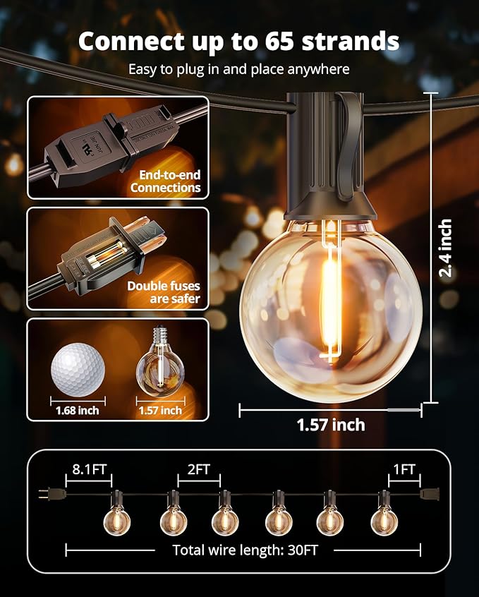 VIPAR Outdoor String Lights, 30FT 13 G40 Bulbs Patio Lights Outdoor Waterproof, Shatterproof Connectable LED Outside Hanging Light for Balcony, Backyard, Porch, Garden, Deck, Bistro, 2700K Dimmable
