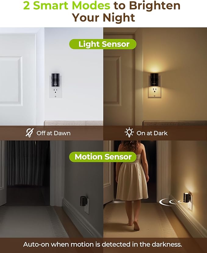 AUVON LED Night Light Plug in, Modern Motion Sensor Night Light with 90° Rotatable Design & Dusk to Dawn Sensor, Dimmable Night Lights 1-100LM Warm White 2700K for Bedroom, Hallway, Stairway, 2 Packs
