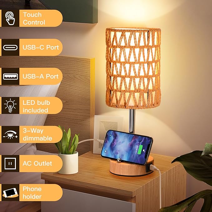 Rattan Table Lamps for Living Room, 3 Way Dimmable Touch Lamps, Small Bedside Lamps with LED Bulbs, Phone Stand, USB Ports and AC Outlet, Boho Nightstand Lamp for Bedroom Office (1 Pack Faux Wood)