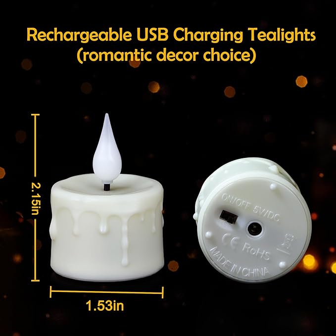 Rechargeable LED Tealight Candle with Remote Control & Timer Flickering FlamelessTea Light Electric Fake Candles with USB Charging Cable for Halloween,Latern,Table,Xmas Decor (12pcs,Warm White)