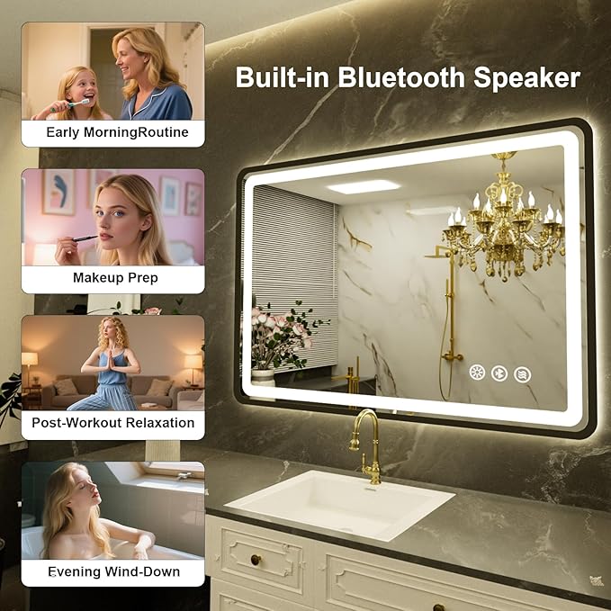 24"x36" Black Framed LED Bathroom Mirror, Lighted Wall Mounted Bathroom Mirror with Built-in Bluetooth Speaker Control, 3 Colors Temperature & Dimmable, Anti-Fog Vanity Mirror for Bathroom