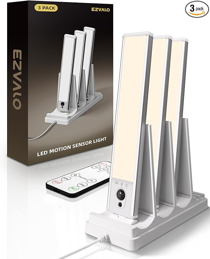 EZVALO Under Cabinet Lighting with Charging Station, Rechargeable Motion Sensor Light Indoor, Dimmable Closet Lights Wireless, 3000K, Motion Activated Under Counter Lights for Kitchen,Pantry(3 Pcs)