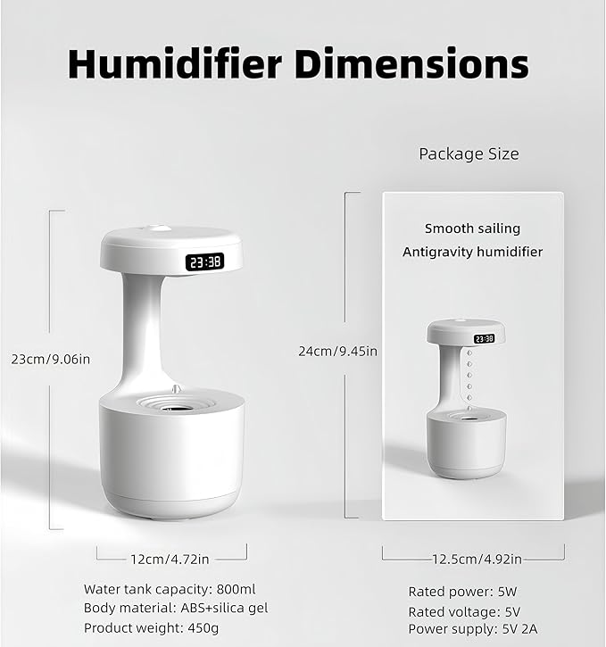 Humidifiers for Bedroom, 800ml Cool Mist Air Humidifie, Anti-Gravity Digital Humidifier with LED Display, Quiet Knob Control for Bedroom, Plants, Nursery, Office - White